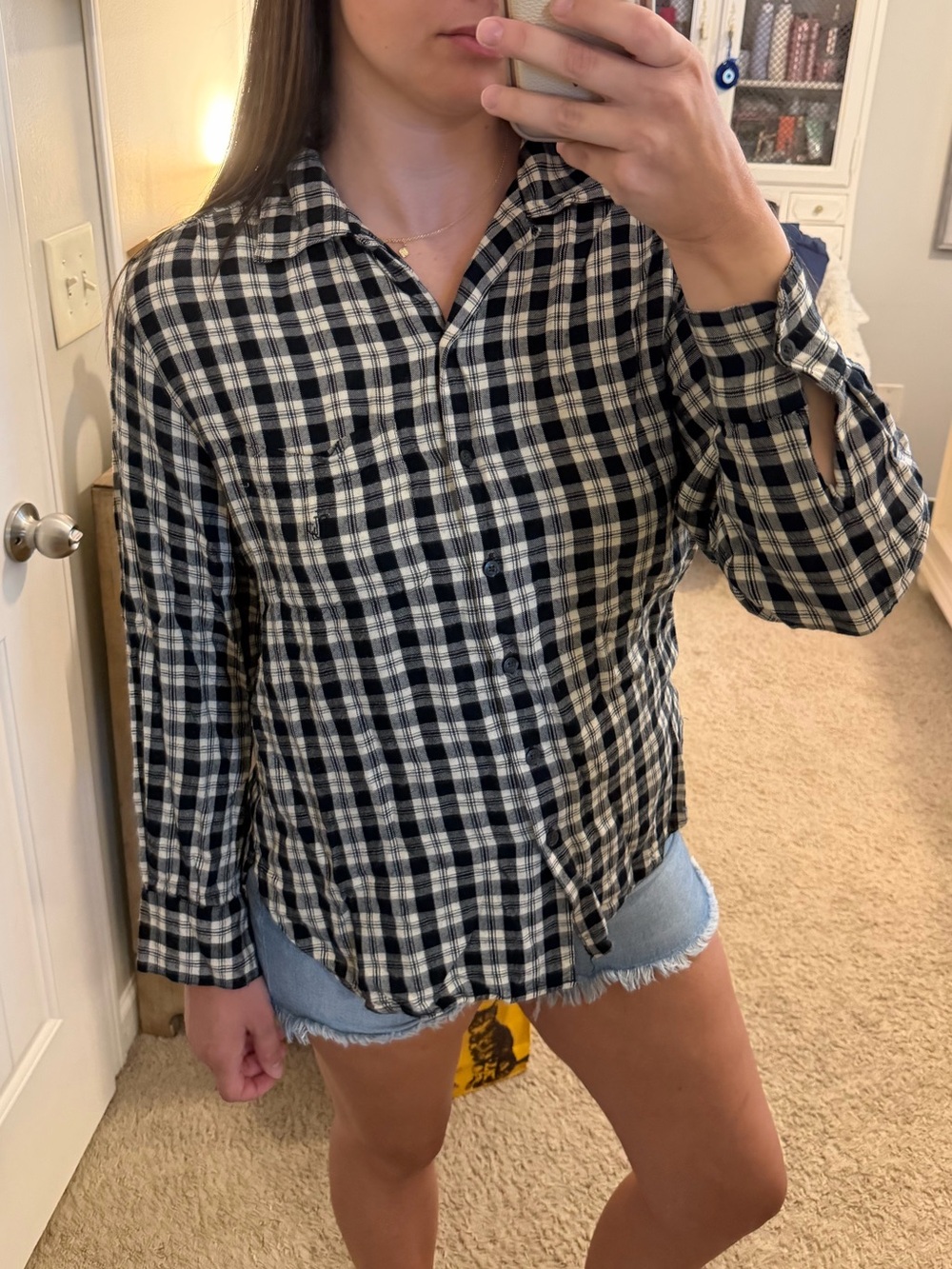 Classic Black & White Plaid Button-Up Shirt - Women